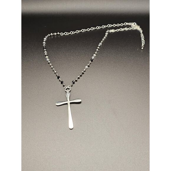 Modern Sterling Silver Cross Necklace Black Grey Rosary Adjustable Chain Gothic - Picture 4 of 8